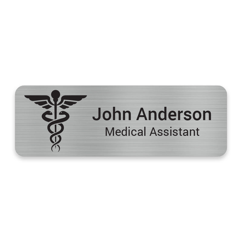 Caduceus engraved healthcare name badge for physicians, clinics, hospitals, and medical professionals.