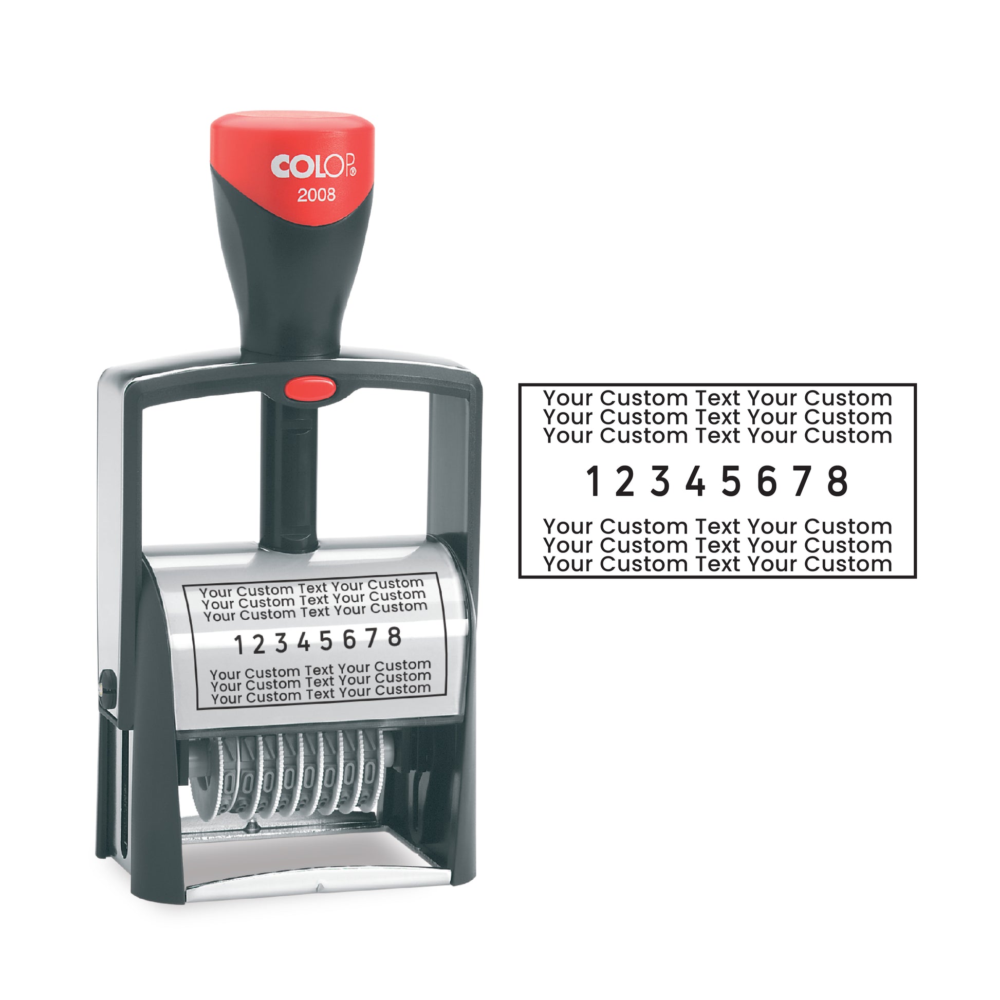 Colop 2008/P self-inking custom numberer with custom text and 8 adjustable numbering bands