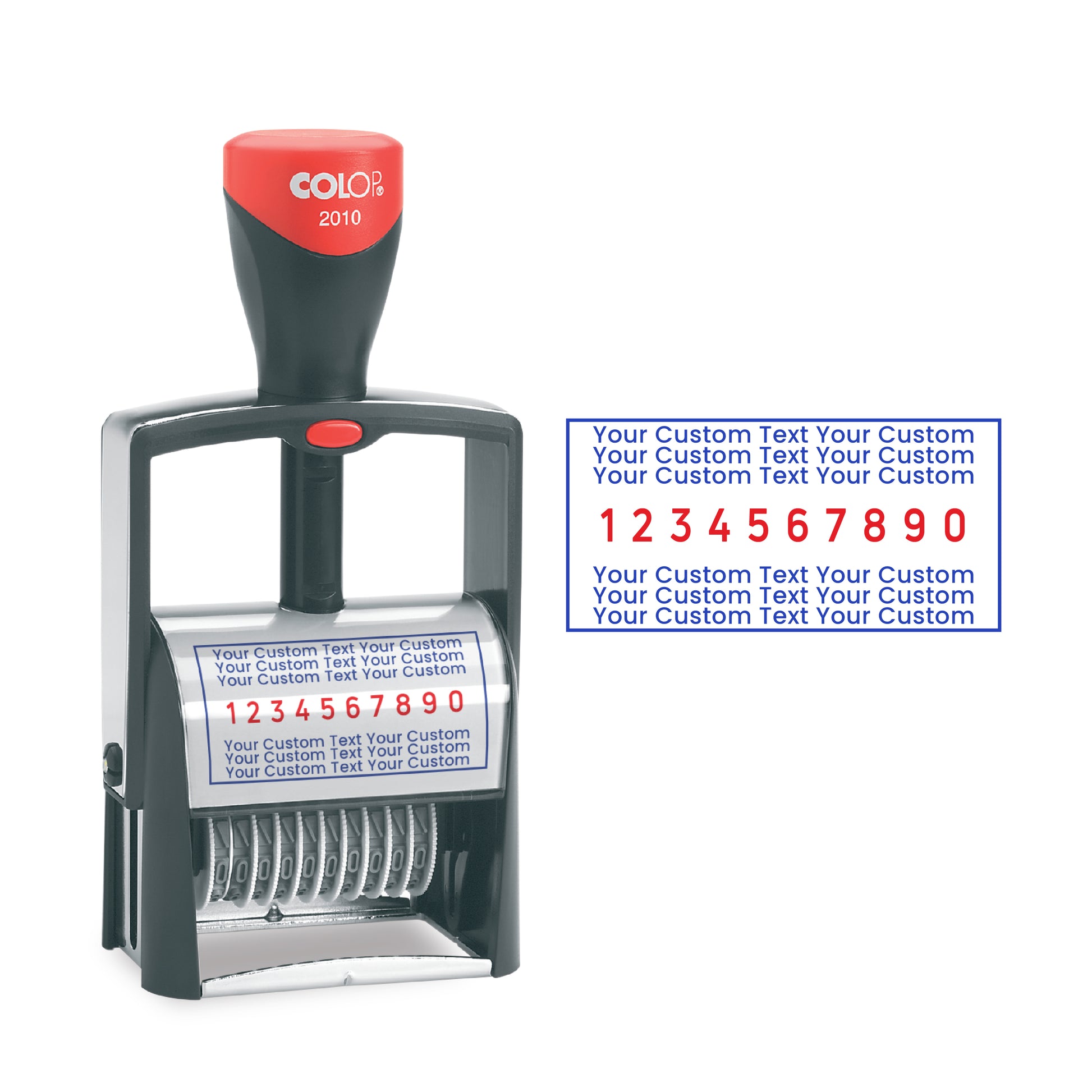 Colop 2010/P self-inking custom numberer with custom text and 10 adjustable numbering bands