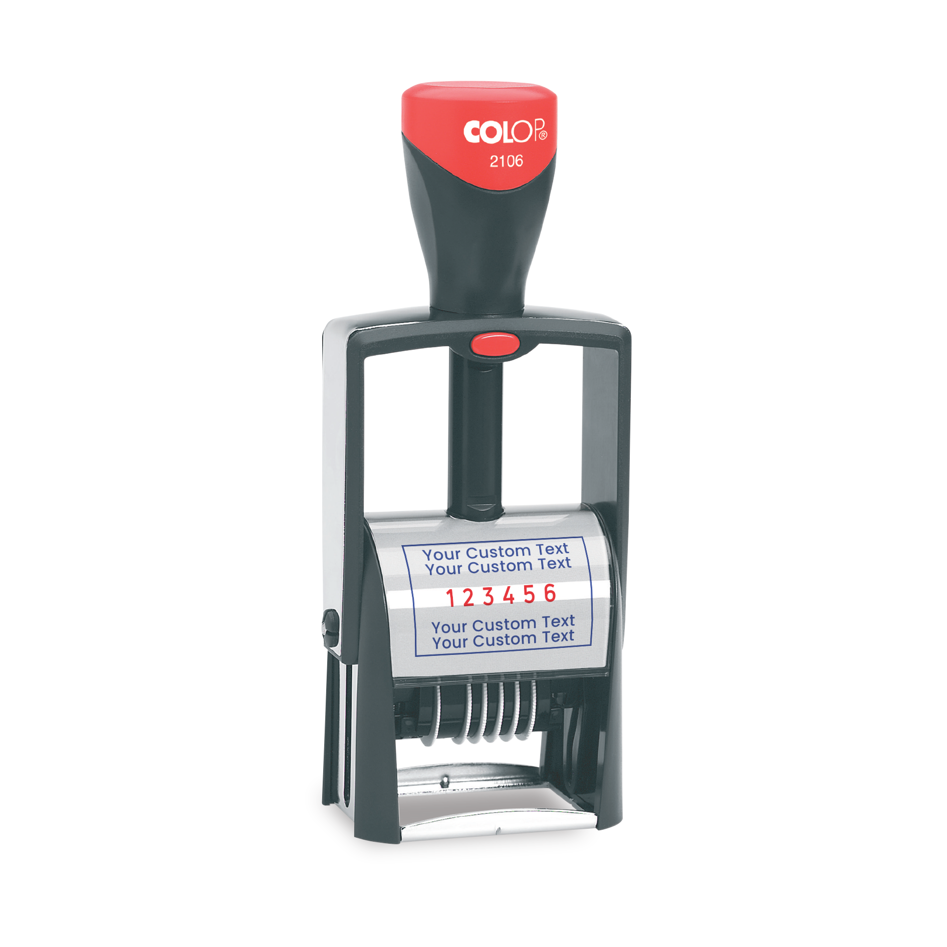 Colop 2106/P self-inking custom numberer with custom text and 6 adjustable numbering bands