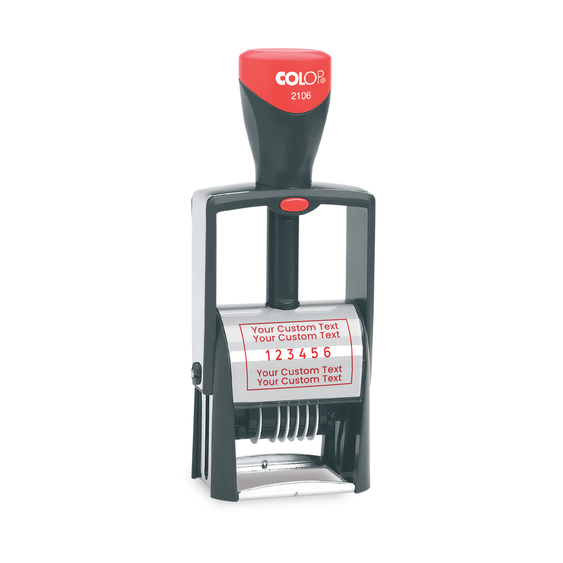 Colop 2106/P self-inking custom numberer with custom text and 6 adjustable numbering bands