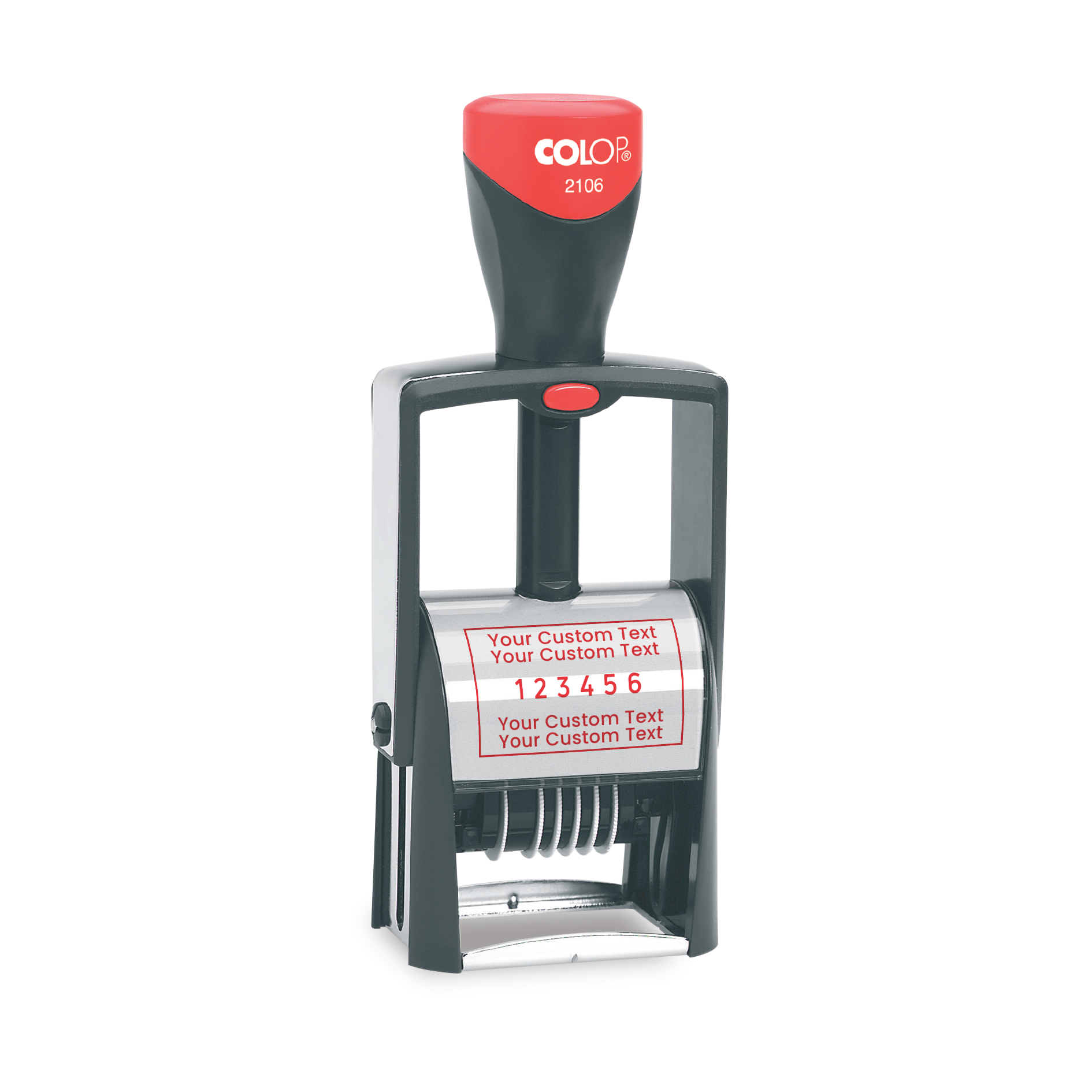 Colop 2106/P self-inking custom numberer with custom text and 6 adjustable numbering bands