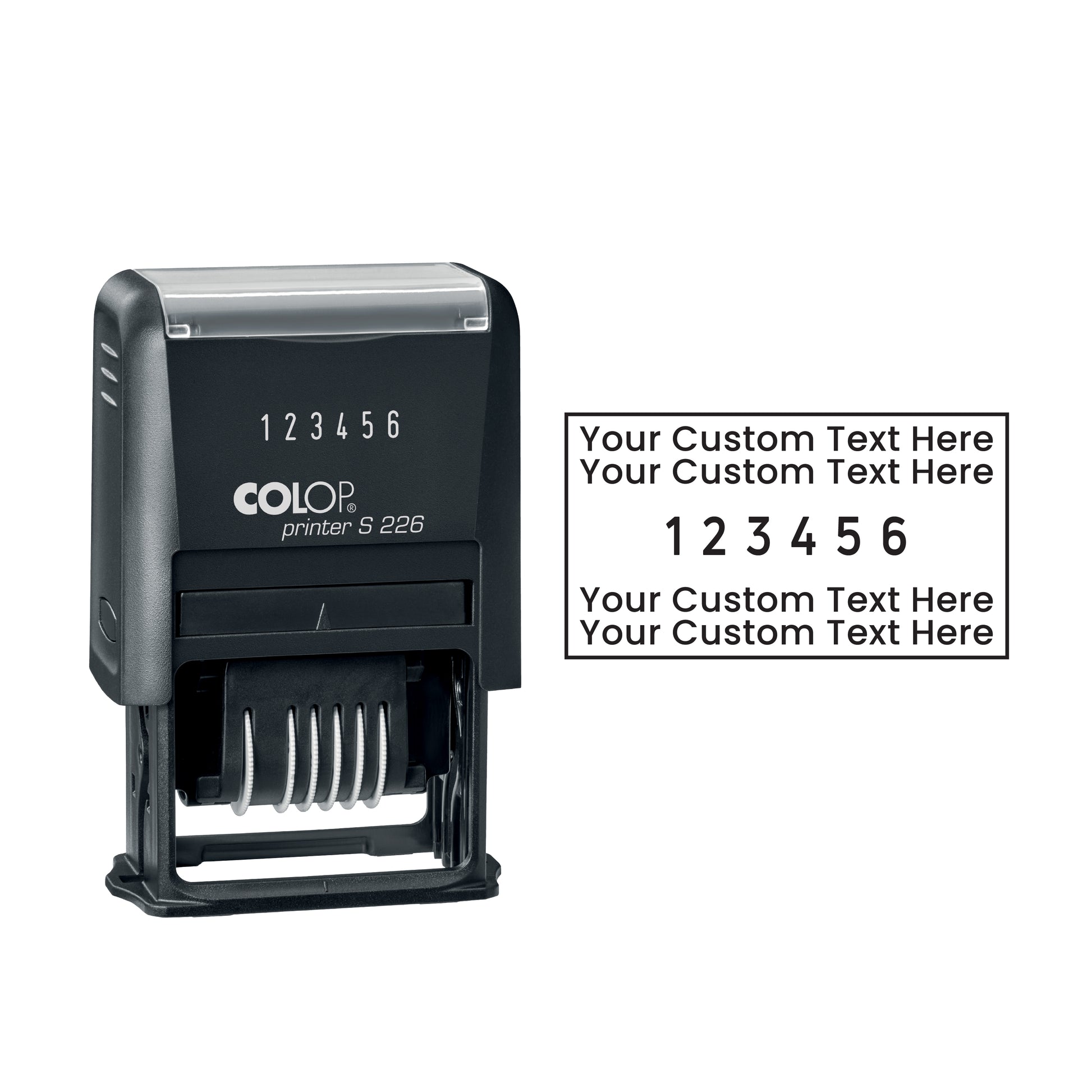 Colop 226/P self-inking custom numberer with custom text and 6 adjustable numbering bands