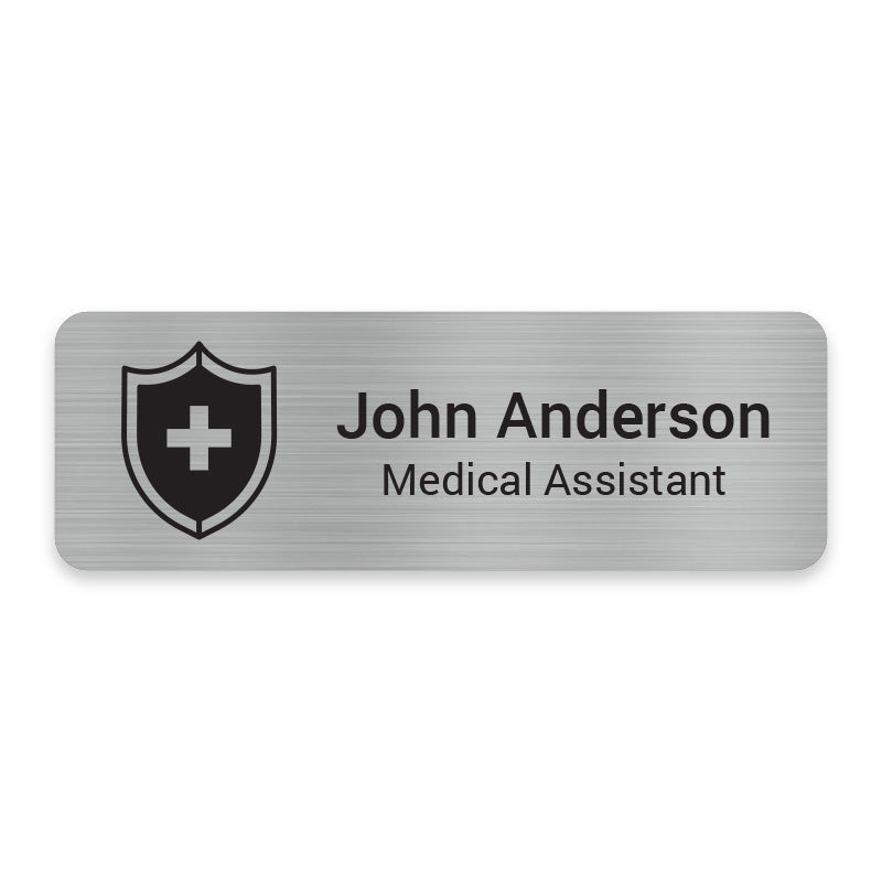 Healthcare Shield engraved name badge featuring a medical shield and cross for hospitals, clinics, and healthcare organizations.