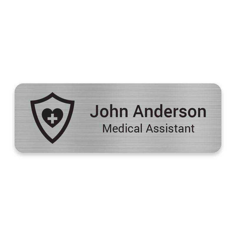Heart Shield engraved healthcare name badge featuring a protective shield and heart symbol for healthcare professionals.